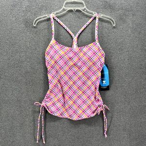 TYR Top women 10 Pink Purple Plaid Tankini Adjustable swimwear Built in Bra